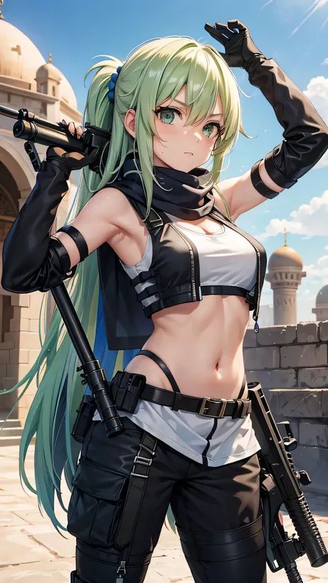 all realistic intrincate details, scarf, symmetrical face, cara identica a lalatina de konosuba, crop tank top, bulletproof vest, cargo pants, gloves, sniper rifle, scope, trigger discipline, desert, middle eastern architecture, must raised armpit, holding...