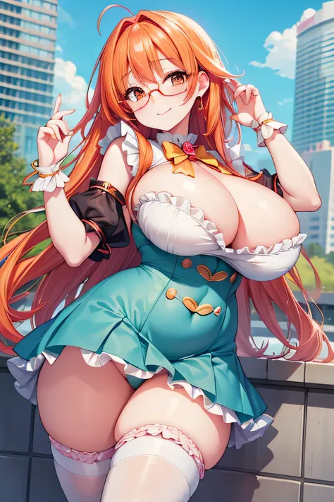 Hentai、High resolution、smile、Glasses girl、A plump, big-breasted, orange-haired magical girl shows off her charms in the rooftop garden of a futuristic high-rise building.、A lewd dress for a magical girl with frills、The short skirt doesn&#39;t cover her pan...