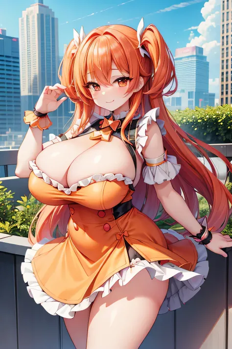 Hentai、High resolution、smile、A plump, big-breasted, orange-haired magical girl shows off her charms in the rooftop garden of a futuristic high-rise building.、A lewd dress for a magical girl with frills、The short skirt doesn&#39;t cover her panties or her b...