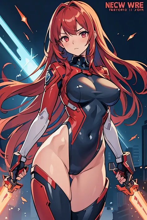 NFSW,best quality,detailed background,girl,revealing clothes,mecha,super fine concept art,hard surface,blush, large breasts,Red hair,long hair,mechanical weapons, plugsuit ,energy sword,　close up,open clothes,