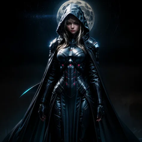 masterpiece, best quality, a woman in a futuristic suit, a sword on her back, in the dark night sky with stars in the background and a full moon in the sky, cybernetic, cyberpunk art, fantasy art hooded cloak,