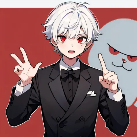 White hair, Red eye, boy man, only 1 character in the photo White shirt, and black tie
