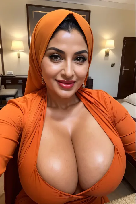 selfie , sexy curvy mature arab woman 50 years old sexy body mature, wears sexy orange traditional hijab and a huge cleavage, red lips, she takes this picture selfie, realistic picture, (((big breasts 2.2 ))),(((huge breasts 1.9)))) smilling face, in a lux...