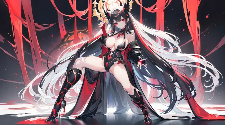 Exquisite eyes),(Clear and beautiful eyes:1.61),masterpiece, 1 young girl,(Black clothes and some red gems), Black long hair, (She has a huge red gem on her chest), Good Hand,((The Havoc of StarCraft)),full-body shot,Fighting Stance,(Red Eyes:1.466)，short ...