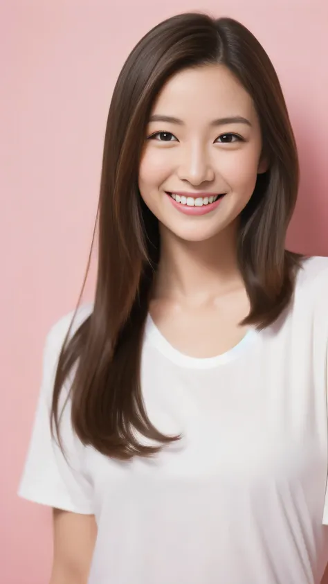 The face of a hostess、White T-shirt、High quality、Ultra-realistic、fine、Smiling face、Slim perfect figure、Japanese beauty、 Perfect Eyes、Radiant Skin、Pink wall background