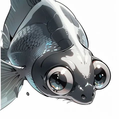 Imagine a fish with big eyes, floating in the air. illustration, Fantasy art, thick black drawing outline, scales, flat color, 2d image, manga style