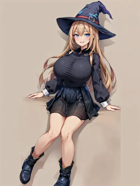 (((Highest quality、8k、masterpiece：1.5)))、((Blonde、blue eyes、Slanted Eyes、smile、Large Breasts))、((witch、Black blouse、mini skirt))、((Perfect Anatomy))、Simple Background、whole body、One girl、boots