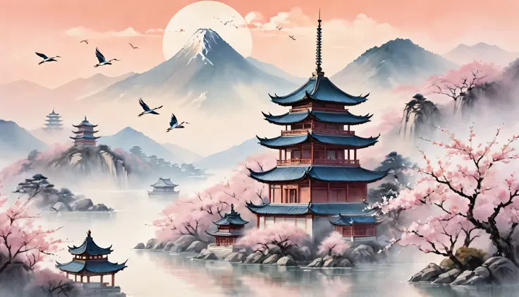 "Elegant Cranes Soaring Over Blossoming Cherry Trees in a Tranquil Mountainous Landscape with Soft Pastel Tones and Pagoda Structures"**  
   Style: Traditional Chinese painting  
   Mood: Serene, peaceful