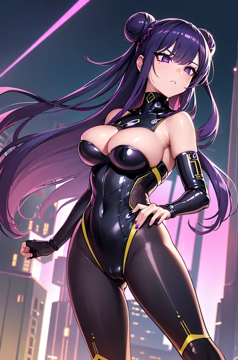 Best quality, 4K, high res, masterpiece, ultra-detailed, realistic, sexy, woman, (costume cyberpunk:1.2), (cyberpunk clothing), (cybernetic implants:1.2), looking at camera, (hair accessories:1.1), bright colors, (neon lights), (glowing city skyline), (fut...