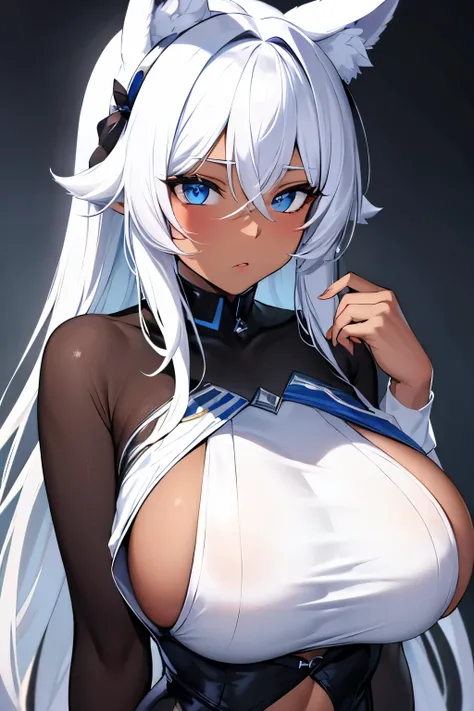 Masterpiece, Best Quality, Beautiful Girl, Beautiful Face, White Hair, Blue Eyes, Animal Ears, Dark Skin, Big Breasts, Long Sleeve Clothes,