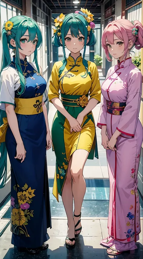 Anime style, five female idol group, first with blue hair color, second with yellow hair color, third with pink hair color, fourth with brown hair color, fifth with emerald green hair color, each wearing the same costume as their hair color, pattern is Vie...