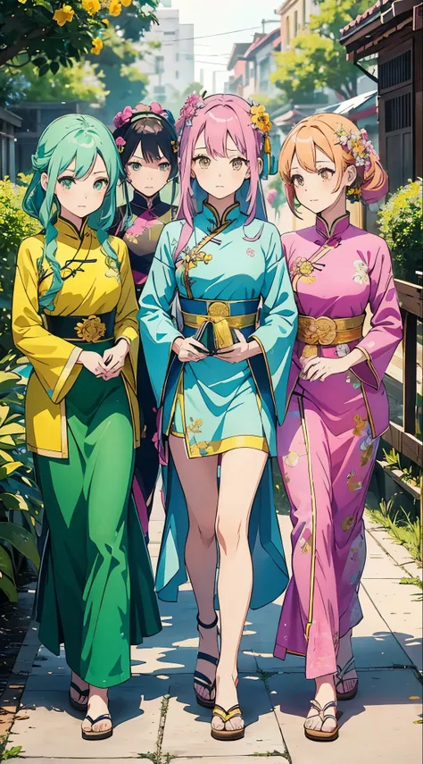 Anime style, five female idol group, first with blue hair color, second with yellow hair color, third with pink hair color, fourth with brown hair color, fifth with emerald green hair color, each wearing the same costume as their hair color, pattern is Vie...