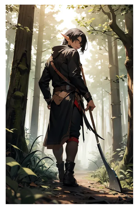 an image from afar, of a young elf(naughty man) black hair in the forest holding a scythe