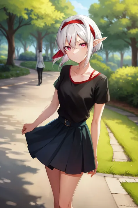 2d, work of art, best qualityer, アニメ, highy detailed, 1 girl, female elf, pointy ears,  standing alone, White hair,  shorth hair, headband, Red loop, black tee, pink eyes, looking ahead at viewer, background of a park