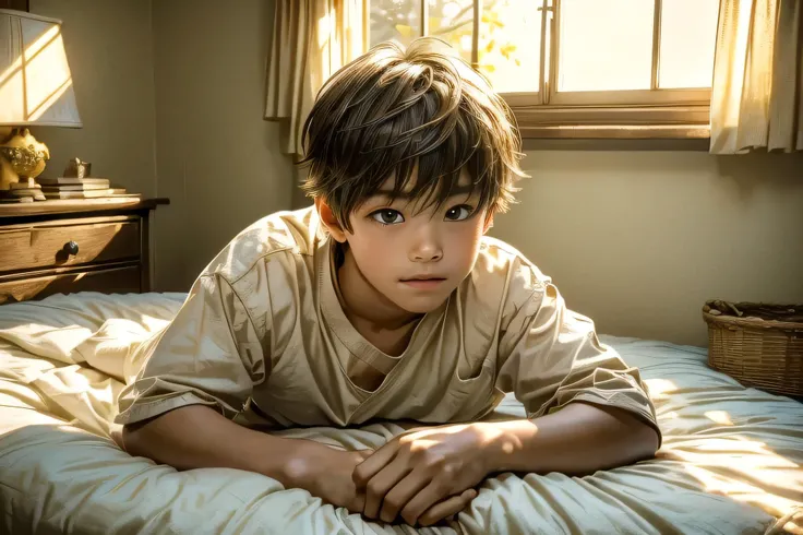 「In a room in Kakariko Village、Image focused on a boy lying in bed。The boy has an innocent look on his face.、Lying down, I stare intently at the scenery outside.。Soft light pours in through the window、The light gently illuminates the boy&#39;s face and hai...