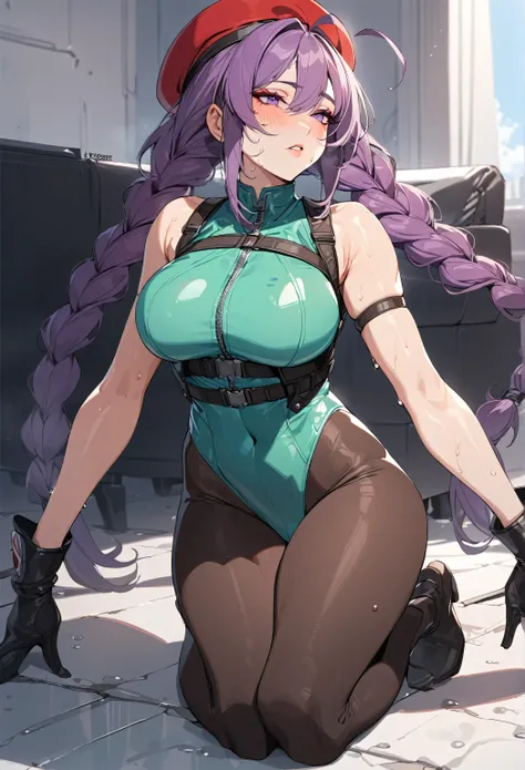 masterpiece,best quality,extreme detail,8k,cammyfn, 1girl, solo, long hair, breasts, purple eyes, (dark purple hair:1.2), large breasts, gloves, red hat, braid, ahoge, twin braids, leotard, lips, makeup, beret, scar, antenna hair, nose, harness, huge ahoge...