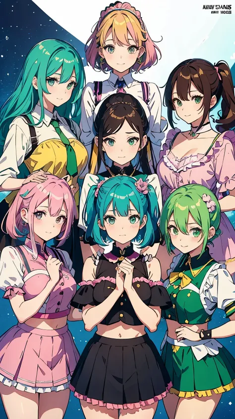 Anime style, five female idol group, first one has blue hair color, second one has yellow hair color, third one has pink hair color, fourth one has brown hair color, fifth one has emerald green hair color, each one wears uniform that matches their hair col...