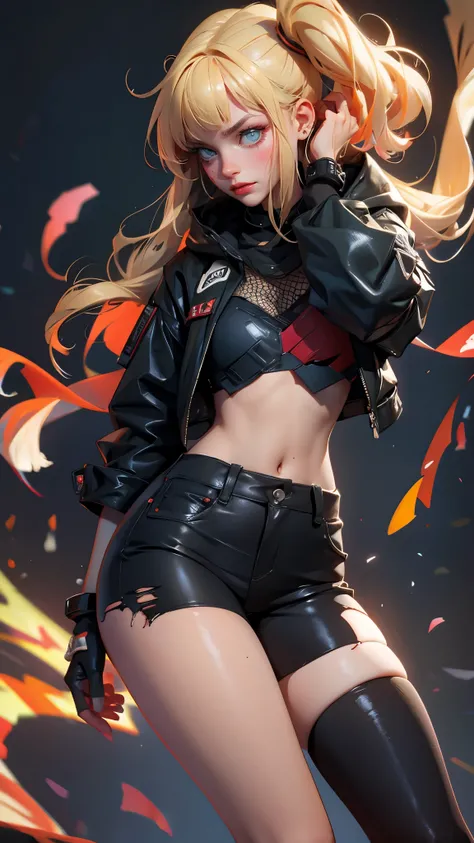 envision a 8k, highres, cinematic, beautiful full body Pinup of a sexy soft woman with a slender muscular  body, young face, tan skin, long blonde hair, side locks, long bangs, green eyes, jacket, t shirt, short shorts, combat boots, torn socks, torn fishn...