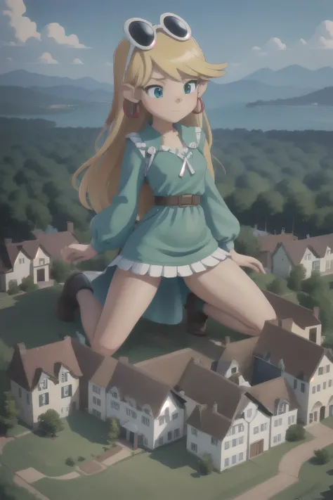 giantess looming over a single house in a field, kneeling, partially obscured, kneeling over a house in a field, one leg obscured, 1leg, tower between her legs, destroying a building, destruction, debris, crushing a building, tiny building between her legs...