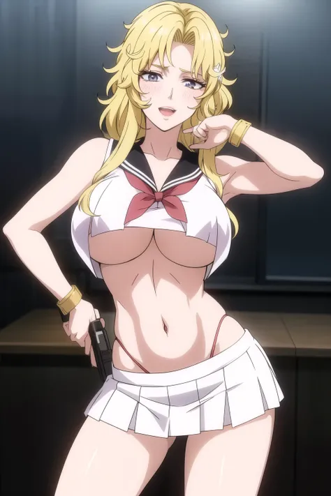 1girl, solo, aphroditeS,  blond hair,  neckale, golden bracelets, long hair,
Hot girl, baddie, bad attitude, mean girl, smoking, sensual, attractive, blush, lipstick, masterpiece, best quality, highly detailed, a anime girls in sailor uniforms with a gun p...