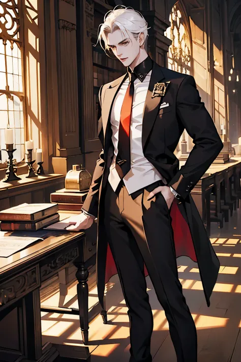 naughty man, 2, standing, in a Gothic library. hairs: medium, smooth, white eyes: golden, Shine Skin: Pale Body: Cao Cao (1,80 m), athletic clothing: Black Suit, red necktie, black overcoat. vampyre