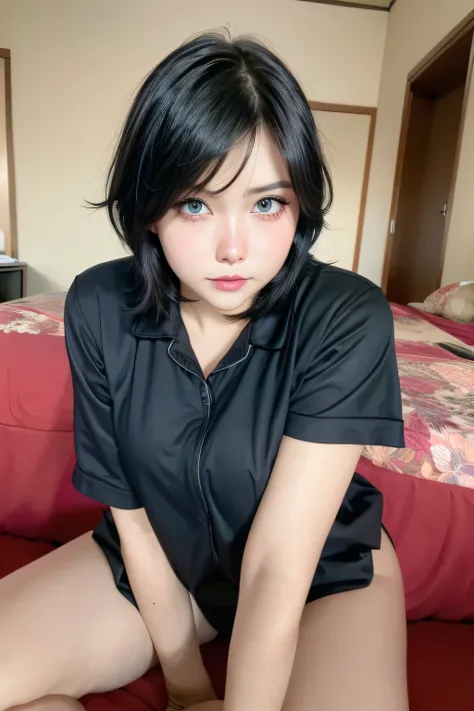  japanese, eyes black, short black hair, pyjamas, fully dressed, facefocus, gorgeous eyes, HD, 4K, lot of details, 
