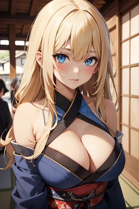 beautiful woman, long blonde hair, blue eyes, blue warrior outfit, black details, neckline, big bust, blushing, inside a japanese village, high quality