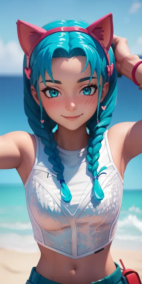 beach background, 1girl, aqua hair, twin braids, short hair, aqua eyes, aqua eyeshadow, (blush:1.1),upper body,heart, (speed lin...