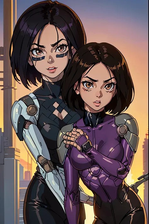 ((ultra quality)), ((Masterpiece artwork)), Alita battle angel, ((blackw, shorth hair)) (Beautiful cute face), (beautiful female lips), enchanting, ((excited expression)), looks at the camera with a gentle smile, eyes are slightly closed, (white skin color...