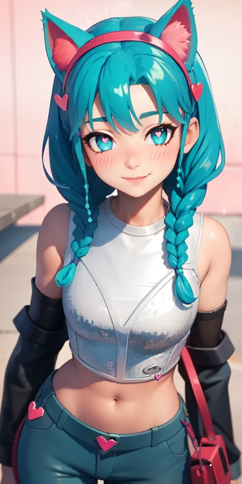 heart-shaped pupils, heart-shaped_pupils, 1girl, aqua hair, twin braids, short hair, aqua eyes, aqua eyeshadow, (blush:1.1),upper body,heart, (speed lines:1.1),medium breasts, love, navel, cat ears headband, hairband, white crop top, smile, looking at view...