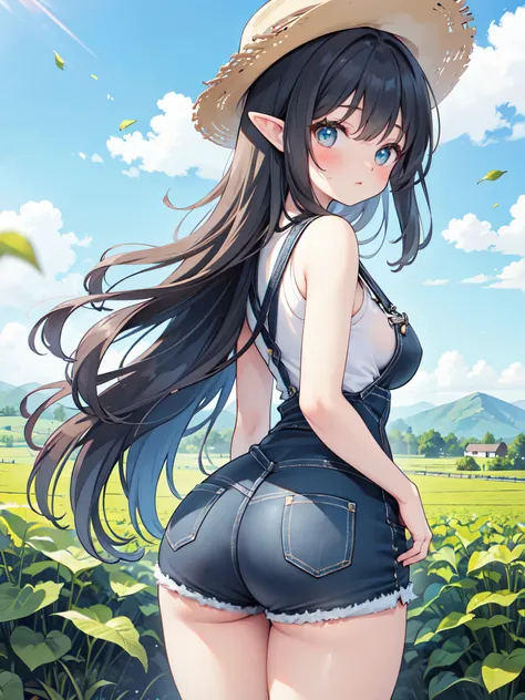 Realistic image, detailed and coherent image, 1 elf, turquoise eyes, black hair, very long hair, blushing, shy, She has a curvy body, medium breasts and thick thighs, round buttocks, She is wearing overalls with mini shorts, cowboy hat, She is posing sensu...