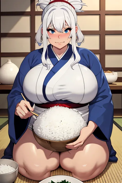 fat sumo sensei girl, white hair, blue eyes, tight outgrown ripped white sumo mawashi outfit, sumo girl eating a lot of rice bowls, gluttony and horny face expression, floor of rices, dark medieval Japanese rice storage full of rice
