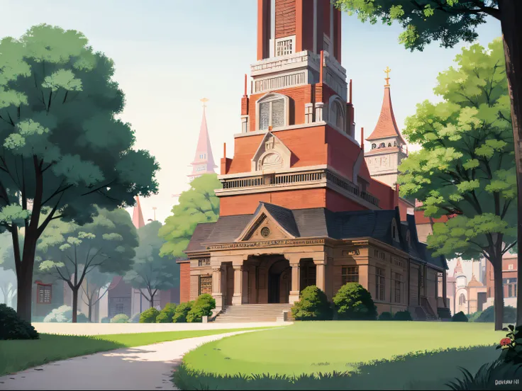 landscape, Flat Color, Trees,Front view, School, exterior wide shot, architecture,(best quality), (masterpiece), detailed,
