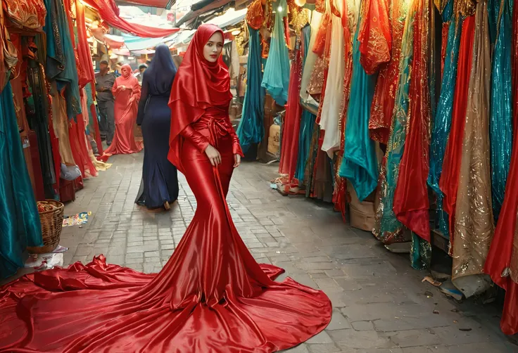 a woman shrouded in 9 meters of red silk shimmer, tight wrapped cloth from the waist to the thighs and mermaid shape on the bott...