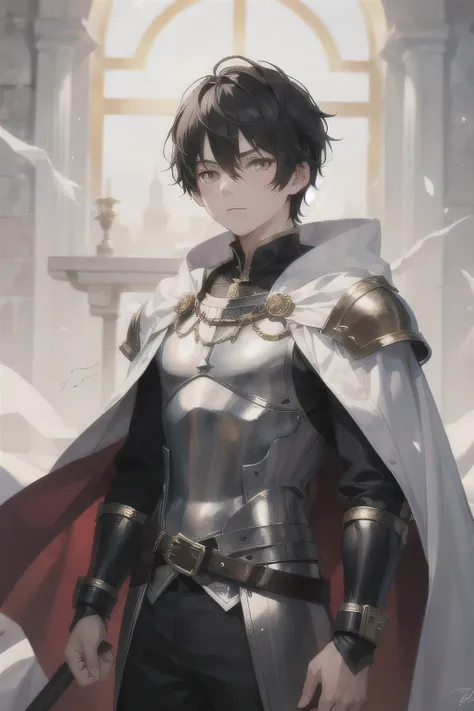 Dark fantasy, 18-years-old guy, 1 boy, male, warrior, noble, medieval, black hair, golden eyes, imponent, white armor, white cape, cape, young boy, teen boy, solo