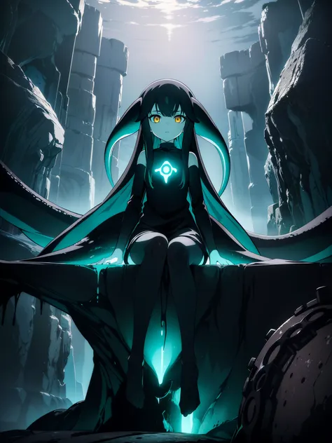 (Masterpiece, Best quality, ultra high resolution),1girl,black clothes, amber eyes, bright eyes,surrounded by tentacles, (squid girl), beautiful and detailed face, innocent face, detailed eyes,sitting on a rock in the middle of the dark cave,cloudy sky, fo...