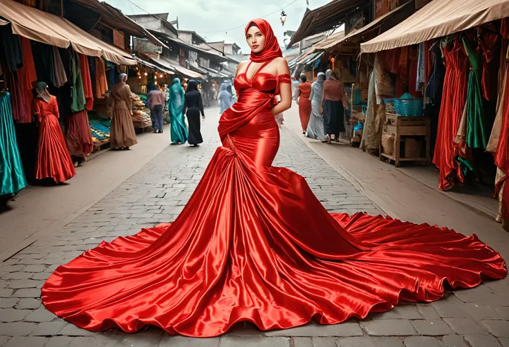 A woman shrouded in 9 meters of red silk shimmer, tight wrapped cloth from the waist to the thighs and mermaid shape on the bottom of dress, tied tightly and magnificently draped along her body shape, big breast, 9 meter long flowing dress tail on the floo...