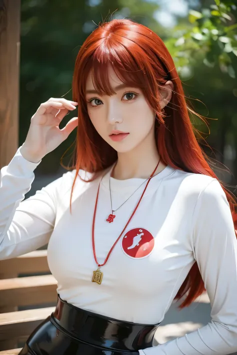 2D, masterpiece, best quality, Japanese cartoons, The face is rich in detail, Very detailed eyes, Very detailed background, Perfect lighting, 1 Girl, Solitary, whole body, permanent, Latex Leggings, White shirt, Red hair, amulet 