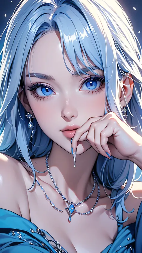 1 Girl, blue eyes, Blue nails, Solitary, Blue Hair, Jewelry, gem, Put your hands on your face, Necklace, looking at the audience, blue theme, long hair, Nail polish, white hair, blue gemstone, Bangs, eyelash, water, Hair covering one eye, Open your mouth, ...