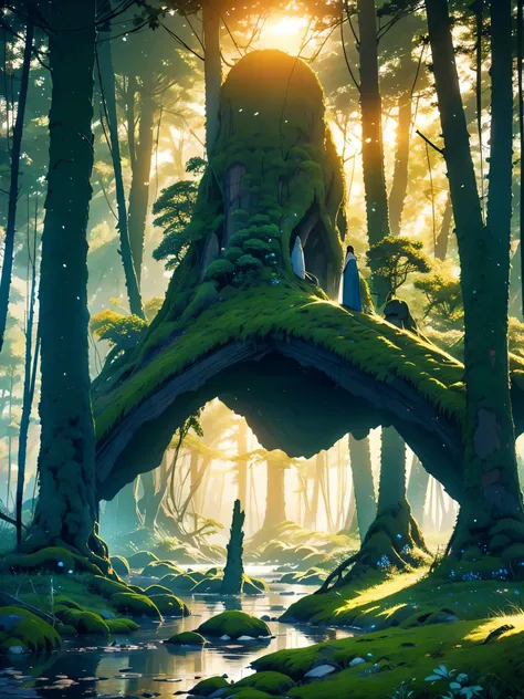 create an inspiring digital artwork that captures the serene beauty of an ancient forest at dusk. the scene should feature tower...