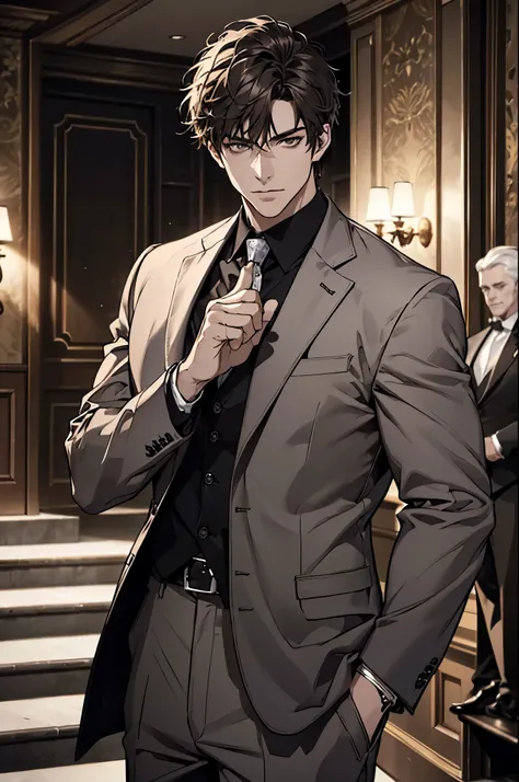 A handsome man in a brown gray suit, a bodyguard in dark clothes, two people walked up the stairs of the villa to the living room, perfect face, perfect hands, (best quality, 4k, 8k, highres, masterpiece:1.2), ultra-detailed, (realistic, photorealistic, ph...