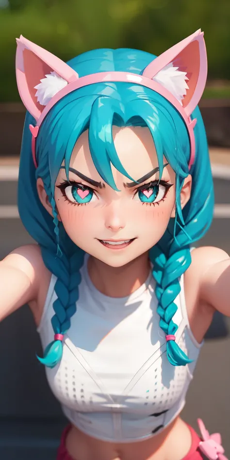 beach background, heart-shaped pupils, heart-shaped_pupils, 1girl, aqua hair, twin braids, short hair, aqua eyes, aqua eyeshadow...