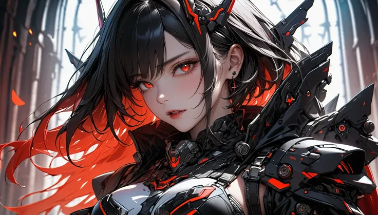 a portrait of mecha female vampire in a dark gothic cyberpunk church, an exotic exquisite beautiful mecha female vampire, dynamic hair color, short hair, dynamic eyes color, intense eyes,  glowing eyes, dynamic eyes color, wearing intricate mech armor, del...