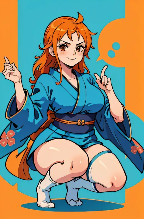 nami, masterpiece, best quality, highres, 1girl, blue kimono, short kimono, high socks, blue socks, thigh highs, smug smirk, orange hair, no shoes, large breasts, crouching pose, left leg bent, right leg extended outwards