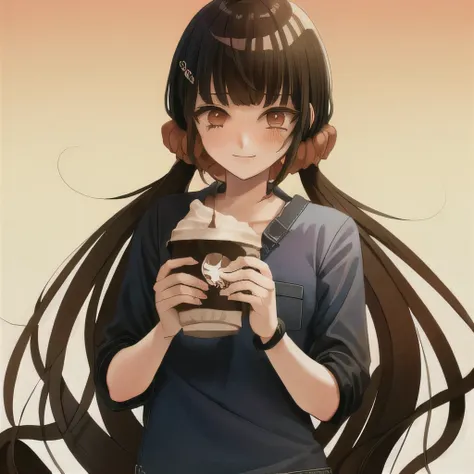 bisexual futa maki harukawa, holding starbucks coffee, solo, bangs, cafe background, upper body, looking at female viewer with s...