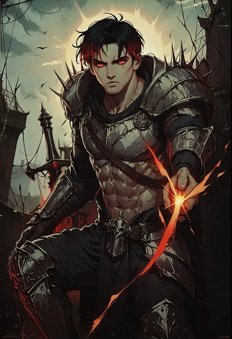 A warrior clad in dark, battle-worn armor sits amidst the chaos of a battlefield. He holds a large sword firmly in one hand, while his other arm, prominently muscular and glowing red, suggests immense power. Embers and sparks fill the air, giving the scene...