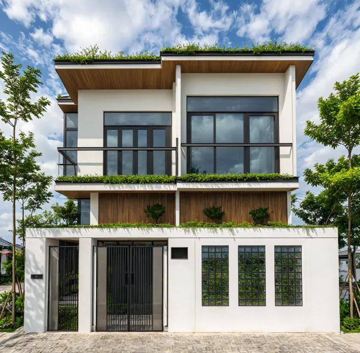 Masterpiece, high quality, best quality, authentic, super detail, outdoors, onestoreyvillaXL, aiai, aiaigroup, wall stone, house style modern on the street ,stairs, white wall ,road,pavement, grass, trees, sky, cloud, (daylight:1.1)