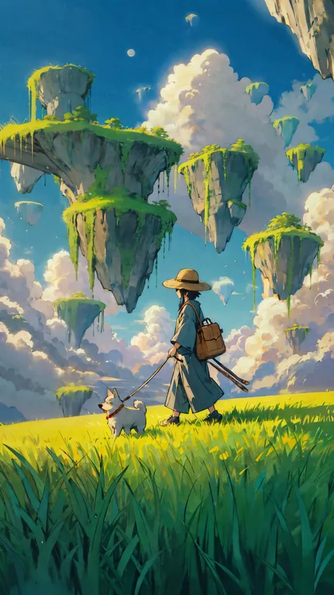 Anime style, Sketch, cute, painterly elements, fine details, soft edges, (high quality), (masterpiece), (detailed), 8K, (Surreal landscape1.3) where gravity doesn’t apply; (floating islands1.3) hover above as (samurai walks upside down1.3) along underside ...