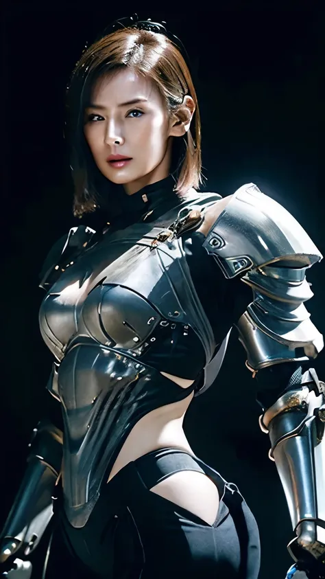 realistic, high resolution, soft light, 1 woman, alone, hips up, dynamic gesture, Glowing skin with sweat, decorations, (Futuristic knight armor without a mask showing some skin:1.2),sexy pose, Seductive,Sharp picture, 8k,Professionally shot, natural light...