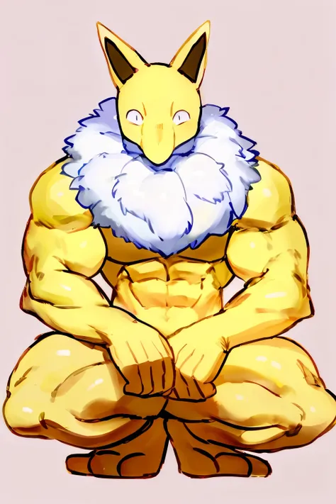 Furry, Anthro, solo, Hypno, Male, (((muscular body, massive male pectorals, massive thighs, yellow skin, fluffy neck, wearing white fur around neck))), ((((massive biceps, wide-eyed, head tilted, crouching, facing viewer)))), ((((((massive bulky torso)))))...